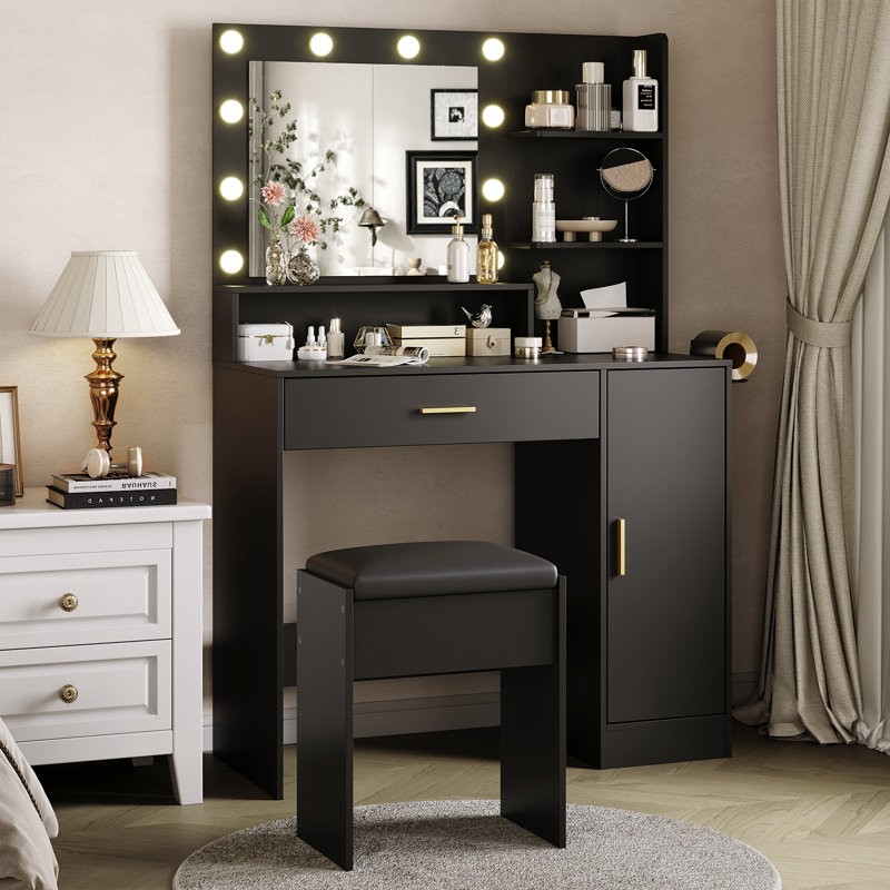 Bureau de maquillage avec miroir HD, 10 ampoules DEL, 3 modes d'éclairage réglables et une station de charge, Black
