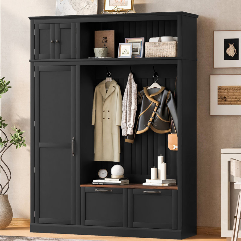 Hall Tree 59'' Wide With Bench And Shoe Storage, Black