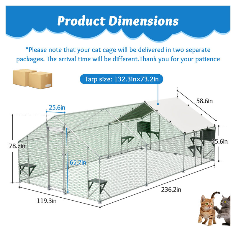 Grande cage extérieure pour chat (environ 6 x 10 pi), cage pour animaux en métal avec sections en bois massif