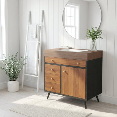 Meuble-lavabo autoportant avec lavabo en céramique intégré et plateau en pierre durable offrant beaucoup de rangement et un design moderne