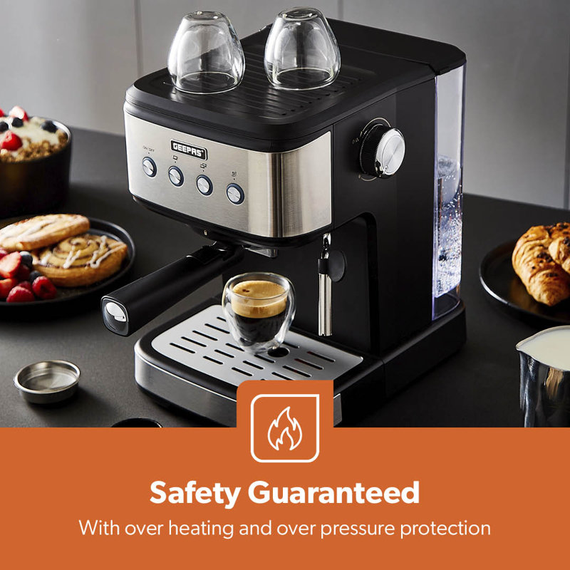 GEEPAS Espresso & Cappuccino Coffee Machine with Milk Frother, 20 Bar Pressure | 1.5L Water Tank Capacity, Stainless Steel Housing | 1100W, Silver, Ideal for Barista Quality Beverages