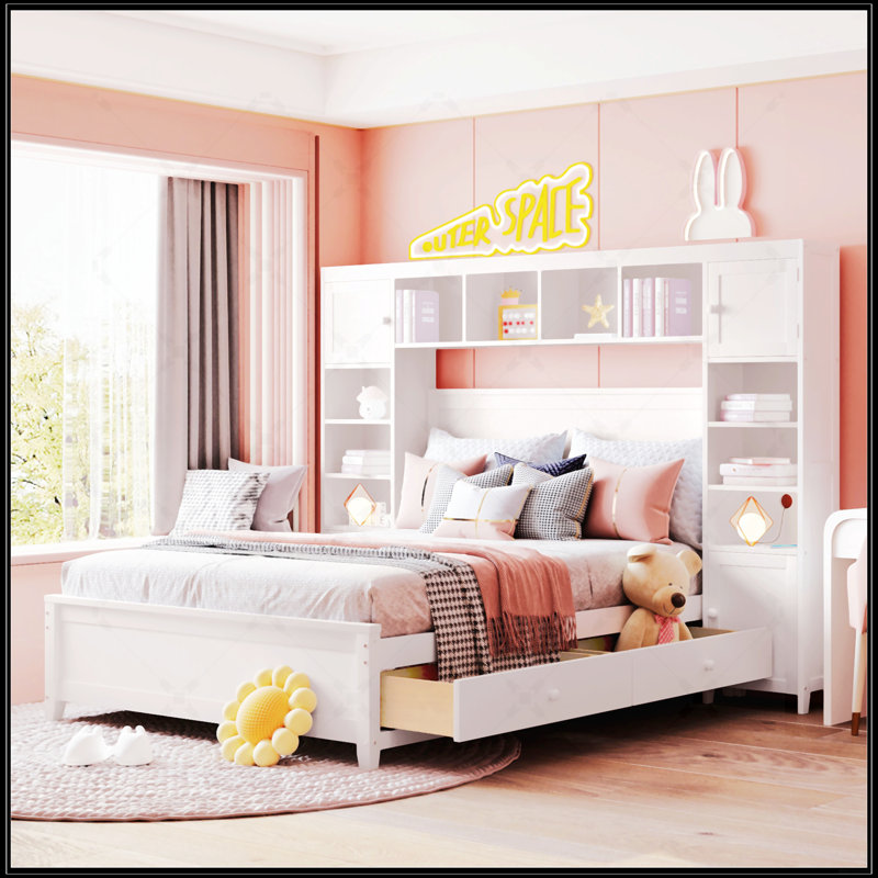 Lit double en bois avec armoire et tablette tout-en-un, Gris