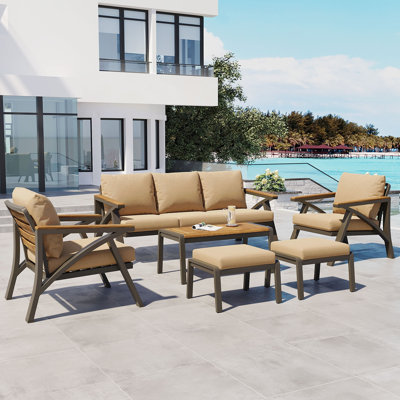 Ensemble de 6 meubles de patio d'extérieur avec structure en acier, bois d'acacia et repose-pieds polyvalent en brun