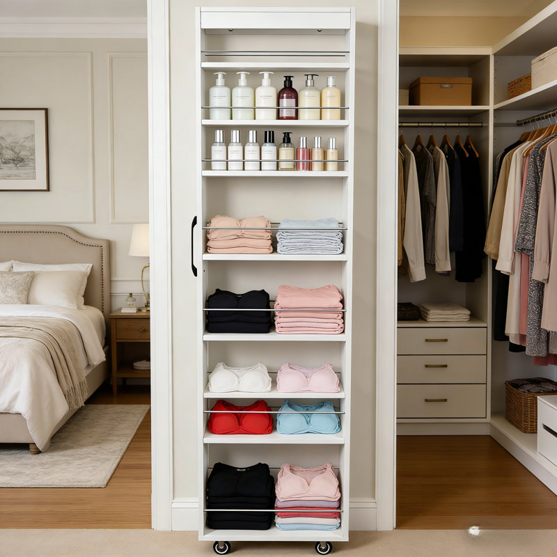 Armoire de rangement roulante mince avec tablettes à 7 niveaux, organisateur de salle de bain coulissant haut et étroit de 71 po sur roulettes avec poignée