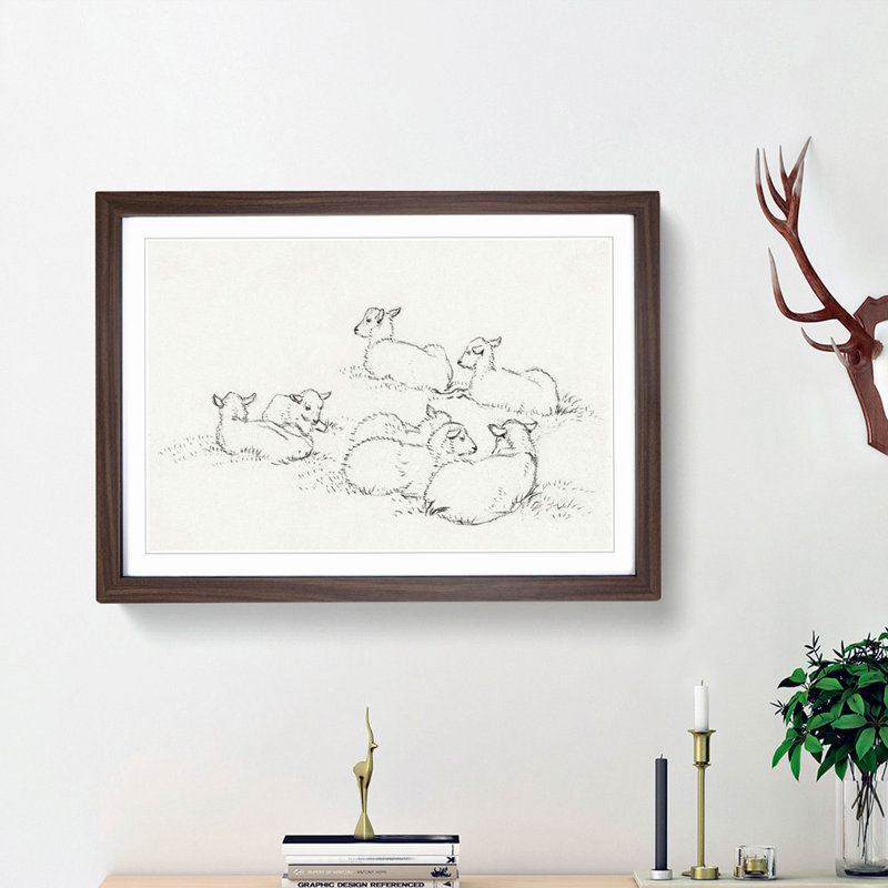 Six Lambs by Jean Bernard - Picture Frame Drawing Print, Walnut Framed, 27cm H x 36cm W x 2cm D