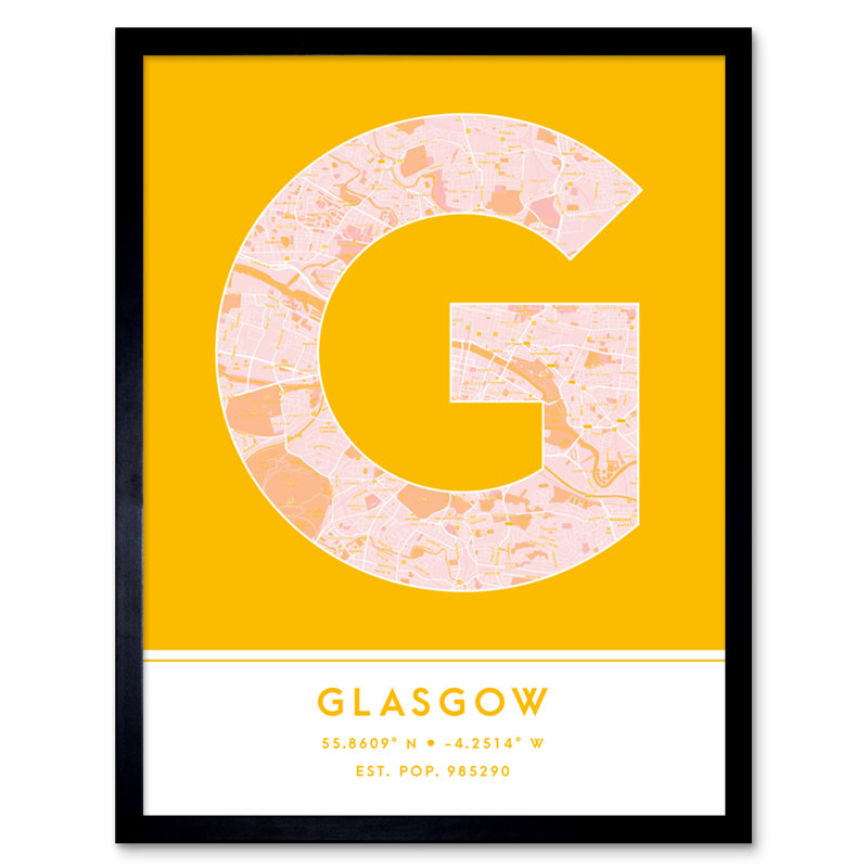 Glasgow City Map Glasgow Yellow by Wee Blue Coo - Single Picture Frame Typography