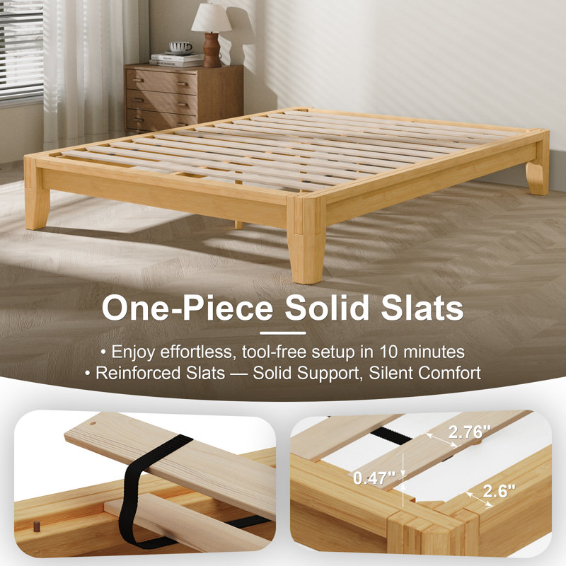 Base de lit grand format, ensemble de lit grand format 100% bambou massif avec 12 lattes en bois et espace de rangement sous le lit de 6,89 po, cadre de lit de style minimaliste japonais pour la chambre à coucher