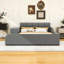 Lit plateforme tapissier luxueux en velours avec bureau, tabouret rond et rails de sécurité-660875398-660875399