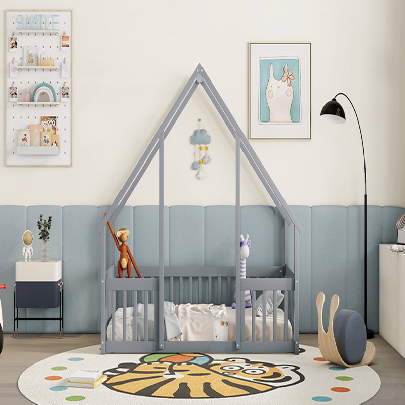 Twin Wooden Frame Material House-Shaped Floor Bed Frame With Fence, Guardrails, Gray, Twin