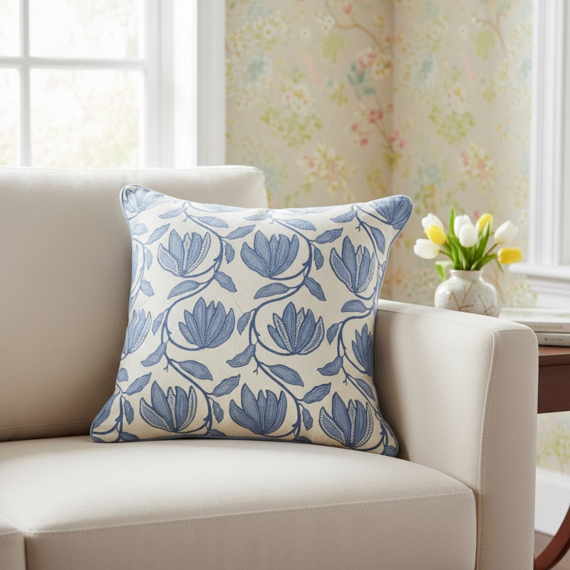 Coussin 100% coton, White/Blue, Duvet synthétique