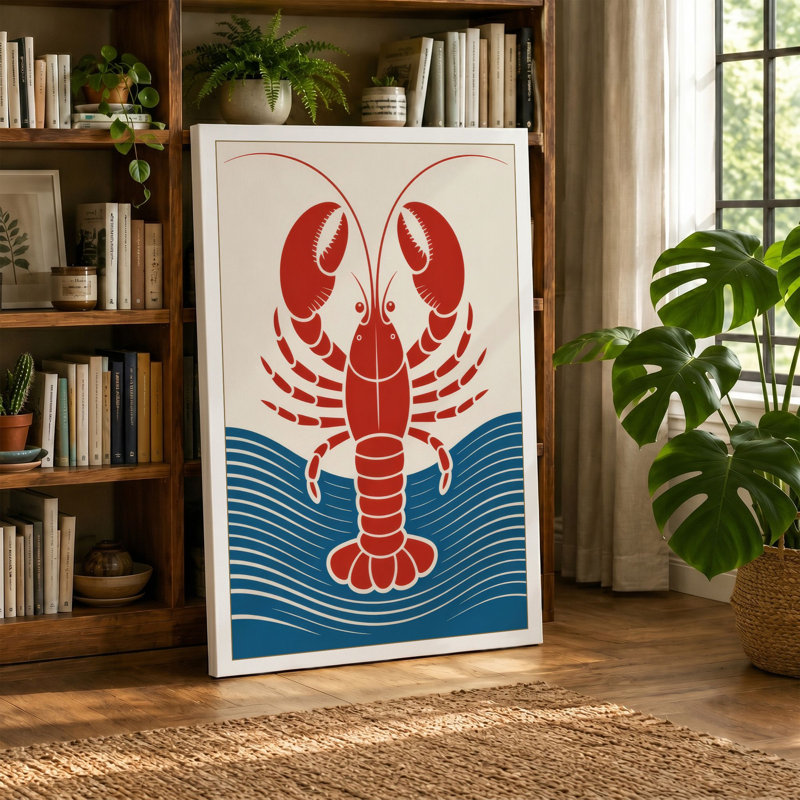 Lobster and Waves Retro - Wrapped Canvas, 36x24 - 91.4 x 61.0 cm, Sage Border