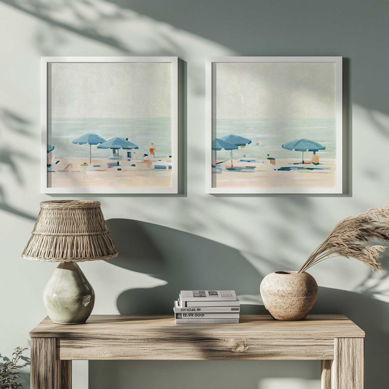 Ensemble de 2 impressions sur toile argentées 12 "x 12" Seaside, Cadre doré brossé, H 13,5 po x l 25,5 po x P 1,25 po