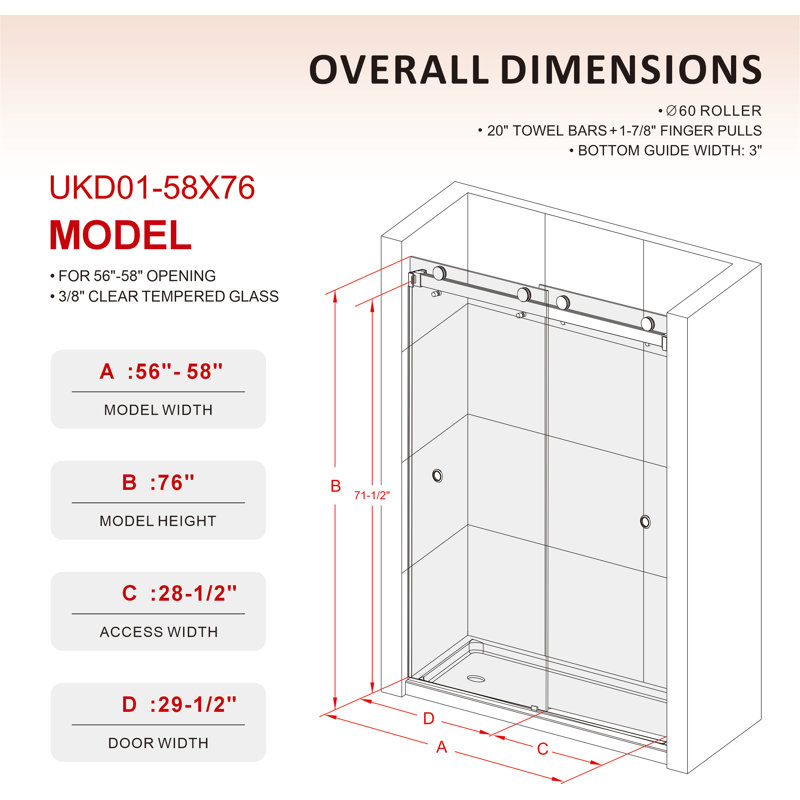 Royal 56 to 58 in. x 76 in. H Frameless  Double Sliding Shower Door with Two Finger Pulls in Satin Brass and 3/8 in. (10mm) Clear Glass