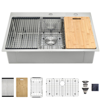 33" L x 22" W Drop-In 16 Gauge Stainless Steel Single Bowl Workstation Kitchen Sink with Accessories