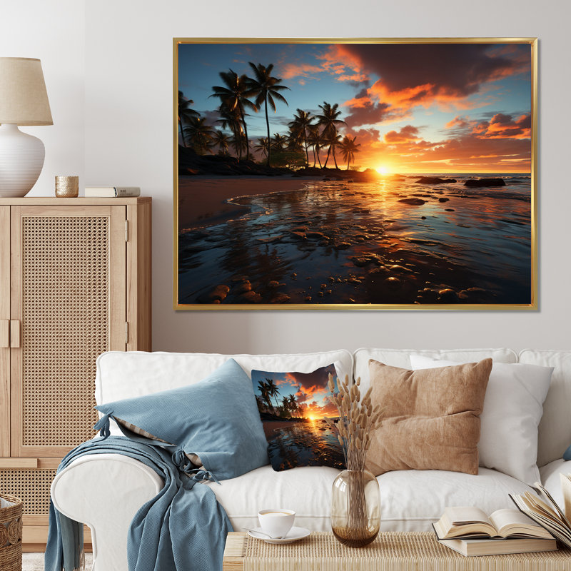 Caraibe Island Sunset V, reproduction d'art sur toile, 34" H x 44" W x 1.5" D, Cadre flottant doré
