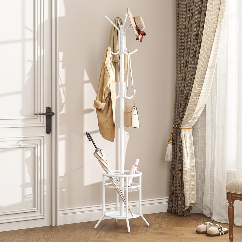 Freestanding Metal Coat Tree with 12 Hooks（Round）, White