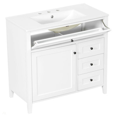 Meuble-lavabo blanc 36 po avec lavabo, panneau de fibres à densité moyenne moderne et bois d'hévéa avec 3 tiroirs et tablette réglable, meuble-lavabo autoportant pour le rangement et l'organisation de la salle de bain (porte de gauche)