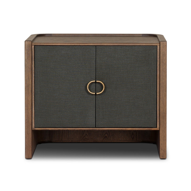 KIRAN Nightstand, Dark Green Lacquered Linen/Amber Oak Veneer