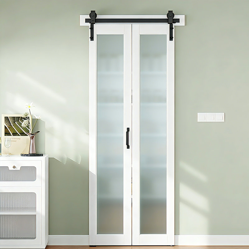 Porte de grange pliante en verre givré avec quincaillerie - Cadre en panneau de fibres à densité moyenne, panneau d'intimité givré, porte pliante intérieure pour la maison