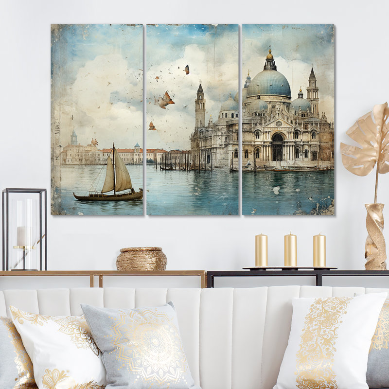 «Venice Chronicles Vintage Journal Collage», ensemble d'art mural sur toile Venise, H 28 po x l 36 po x P 1 po