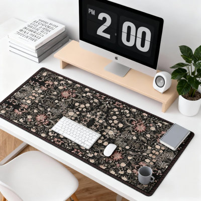Floral Aesthetic Wildflower Gaming Mouse Pad, Black Rug Desk Mat with Anti-Slip Base & Stitched Edges,31.5" x 15.7" in Desk Accessories for Women, Home Office Decor & Artistic Gift