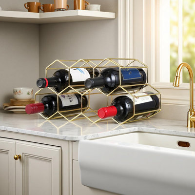 9-Bottle Countertop Wine Rack, Honeycomb Metal Wine Holder, Gold, No Assembly Required, Space-Saving Wine Storage, Kitchen Bar Organizer, Red & White Wine Display, Modern Home Decor