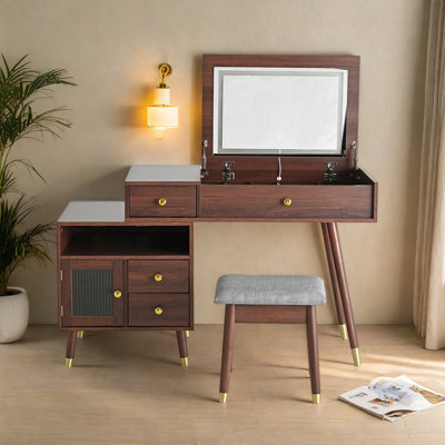 Meuble-lavabo 3 en 1 avec miroir lumineux, armoire réglable et tabouret - Table de maquillage compacte