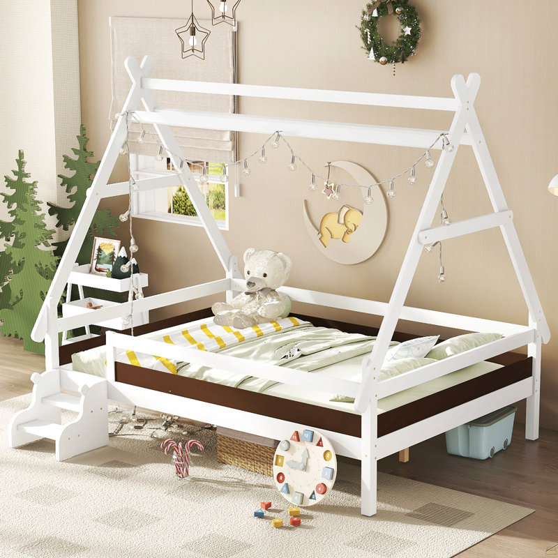 Lit plateforme double avec escalier, lit simple en bois massif, Blanc, Lit double