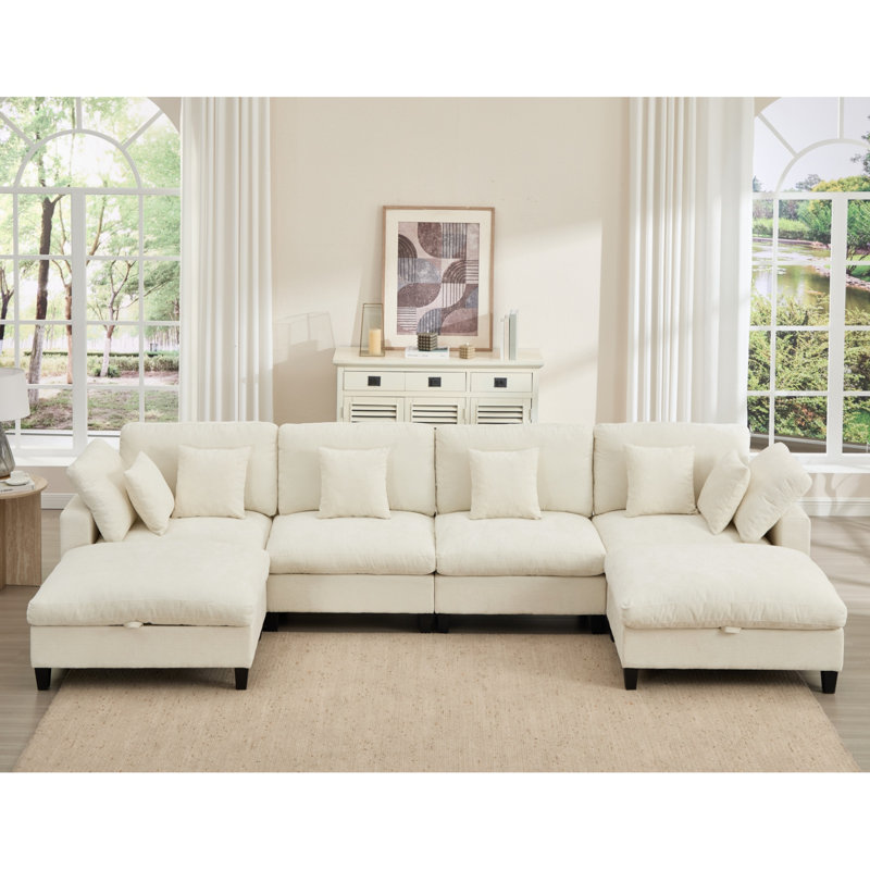 Canapé modulaire modulaire en U en chenille douce avec 2 repose-pieds en mouvement, Beige Chenille