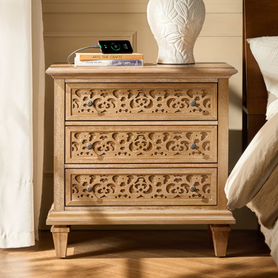 Talona 29'' W Transitional Carved 3-Drawer Nightstand with Built-In Outlets and Solid Wood Legs