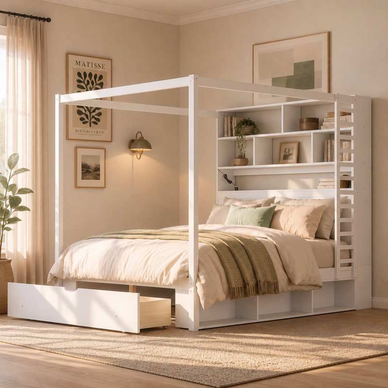 Cadre de lit à baldaquin en bois pour grand lit avec tête de lit bibliothèque, prises USB et lumières à DEL intelligentes, lit plateforme avec casiers de rangement sous le lit, tiroir de pied de lit et support de suspension réversible, blanc