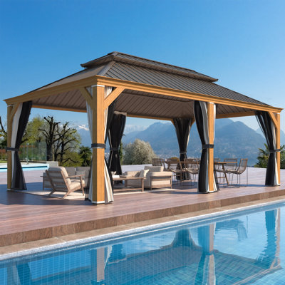 12' X 18' Hardtop Gazebo, Wood Grain Aluminum Frame Outdoor Gazebo with Galvanized Steel Roof, Permanent Metal Pavilion with Curtains and Nettings for Patio, Backyard, Deck and Lawns