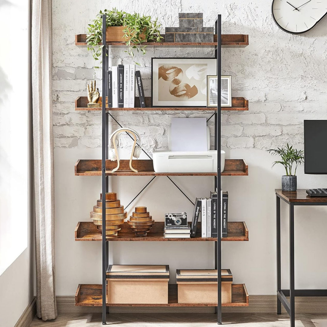 5-Tier Bookcase, Shelving Unit, Spacious Storage Shelves, Rustic Brown and Black