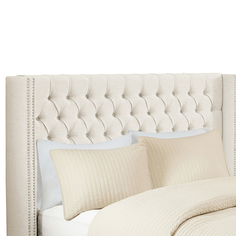 Upholstered Headboard In Cream, Transitional Style With Button Tufting And Double Nailhead Trim, Adjustable Legs, Queen Sized Bed Metal Legs For Bedroom