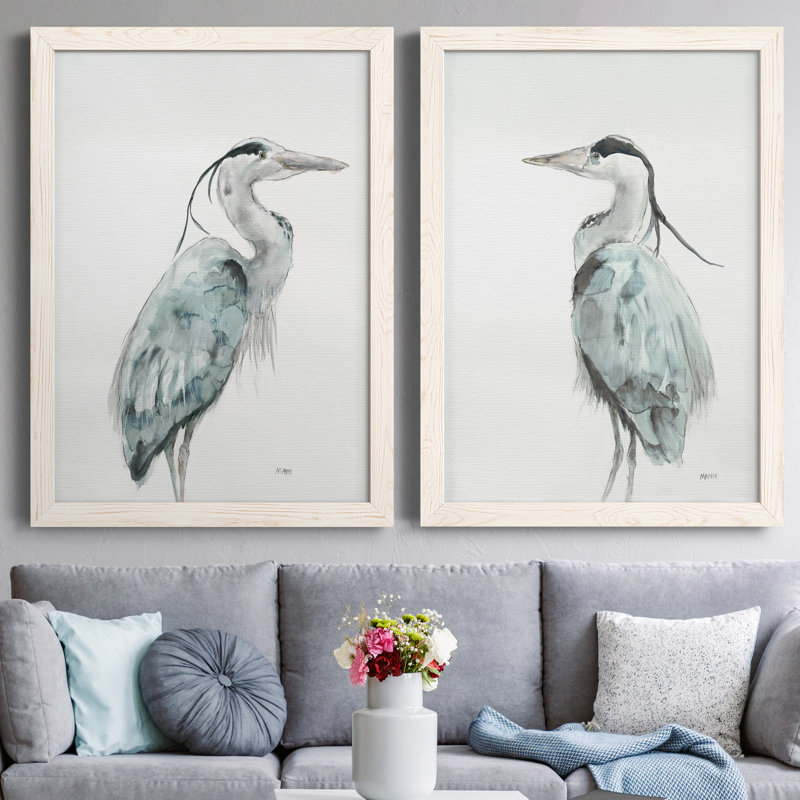 Blue Heron I - ensemble de 2 reproductions d'art sur toile encadrées, Cadre blanc, H 37,5 po x l 55 po x P 1,5 po