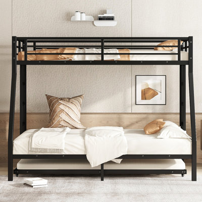 Lit simple superposé au-dessus d'un lit double noir avec lit gigogne - Structure solide et stable, sommeil silencieux, espace sous le lit, protection de la barrière de sécurité, installation simple au bas renforcé, pratique