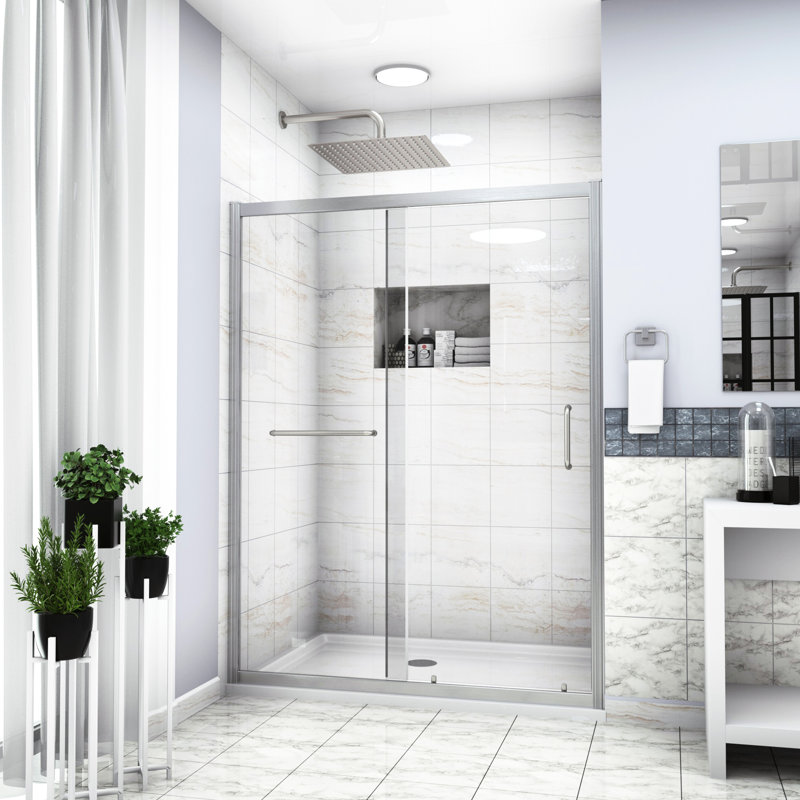 Cabine de douche coulissante simple, l 60 po x H 72 po, nickel brossé - verre trempé, salle de bain Essential H indispensable, qualité exceptionnelle