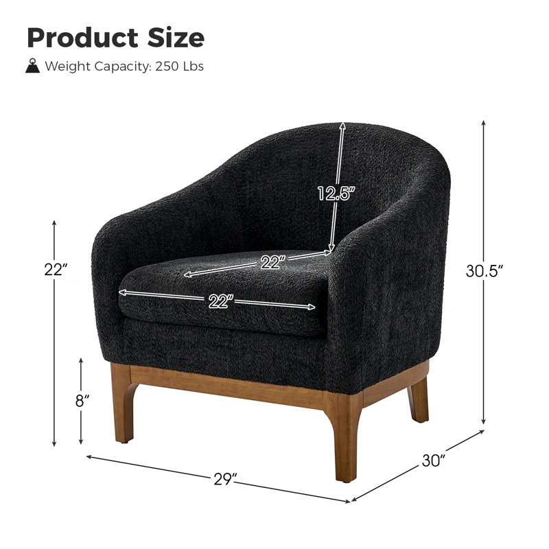Fauteuil demi-tonneau moderne avec pieds en bois massif Berklie, Laine noire