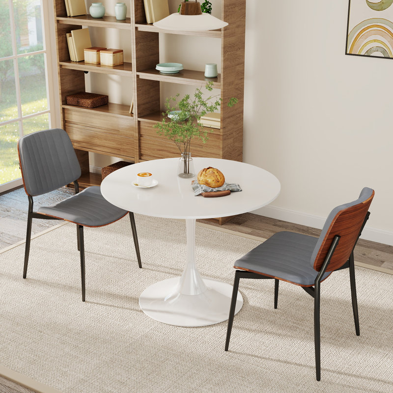 Modern Round 3 Piece Dining Room Table and Chairs Set, White, Gray, White