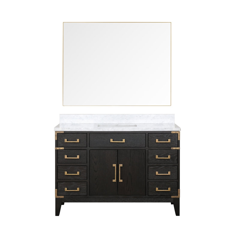 Miroir de salle de bain simple l 48 po x P 22 po Laurel, Chêne noir, Marbre de Carrare blanc