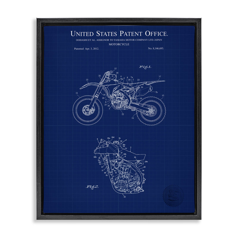"Blue Moto Blueprint", art mural sur toile flottante par Karl Hronek, Cadre flottant noir de jais, H 21 po x l 17 po