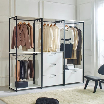  White Freestanding Walk in Wood Closet System with Sturdy Metal Frame Design