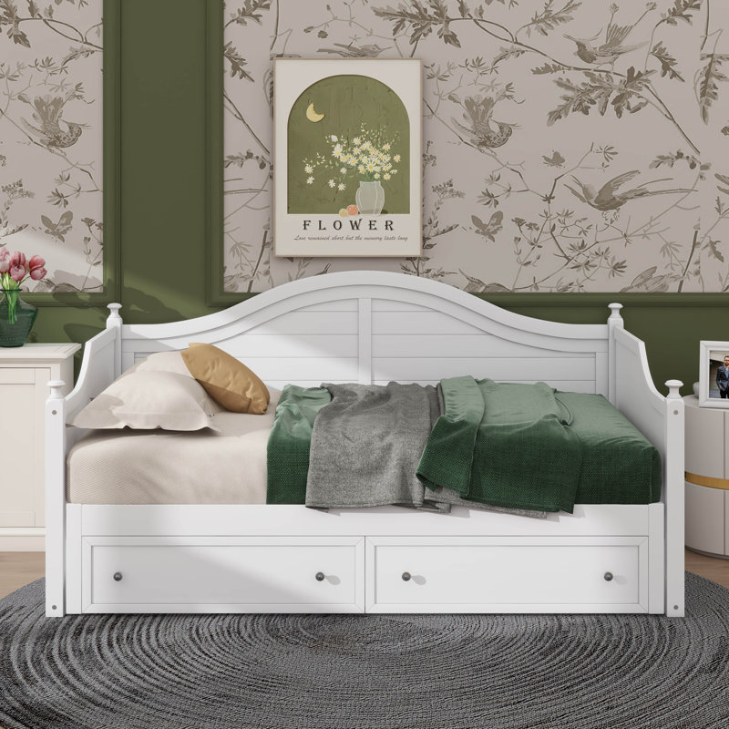 Canapé-lit simple en bois avec lit gigogne escamotable et tiroirs de rangement pratiques, Blanc