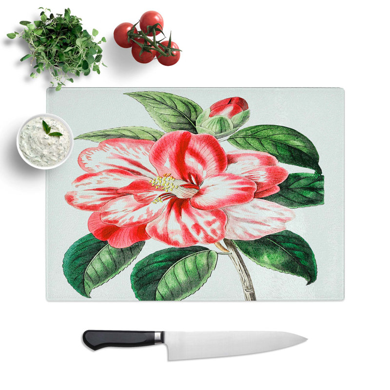 Tempered Glass Japanese Camellia Flowers Chopping Board, 39 cm W x 28.5 cm L