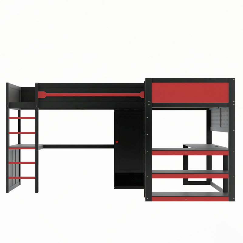 Lit mezzanine de jeu en forme de L avec lumières DEL multicolores et ports USB, Noir et rouge
