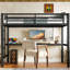 Lit mezzanine simple en métal noir avec DEL, prise de courant, bureau pour espace de travail et d'étude productif, espace, réduction du bruit, structure solide, charge, bricolage, passé, installation facile, conception, testé,