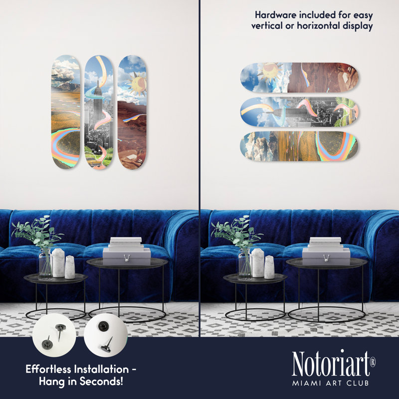 «Notoriart Retro Collage Art», art mural en acrylique, 3 pièces 8 po x 32 po, ensemble de planches à roulettes rétro