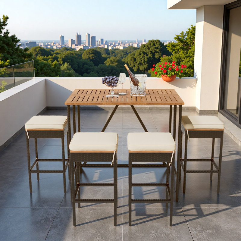 Table de bar 5 pièces et 4 tabourets avec pieds réglables, plateau de table pliable et coussins
