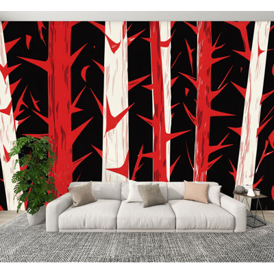 Peel and Stick Wallpaper Red Thorny Forest Abstract Bold White Stripes Wall Murals 100"H x 144"W Removable PVC Wall Paper Self-Adhesive Wall Decor for Bedroom Living Room Home Office