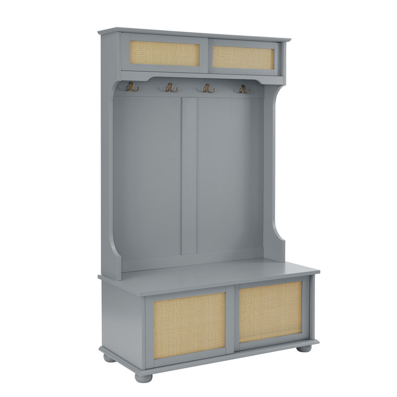 Brandilee Casual Style Hall Tree Entryway Bench with Rattan Door Shelves and Shoe Cabinets, SOLID WOOD Feet, Gray